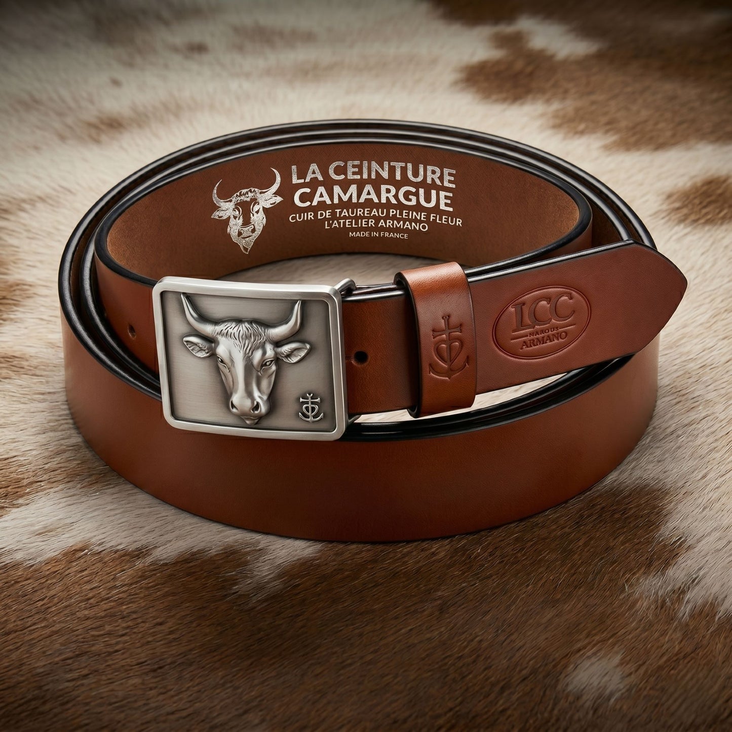 Ceinture Cuir Cognac Homme & Femme - Boucle Empreinte Argent | La Ceinture Camargue