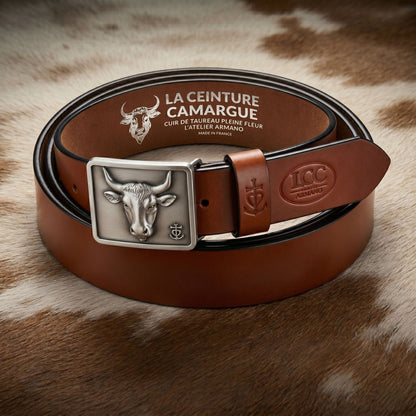 Ceinture Cuir Cognac Homme & Femme - Boucle Empreinte Argent | La Ceinture Camargue