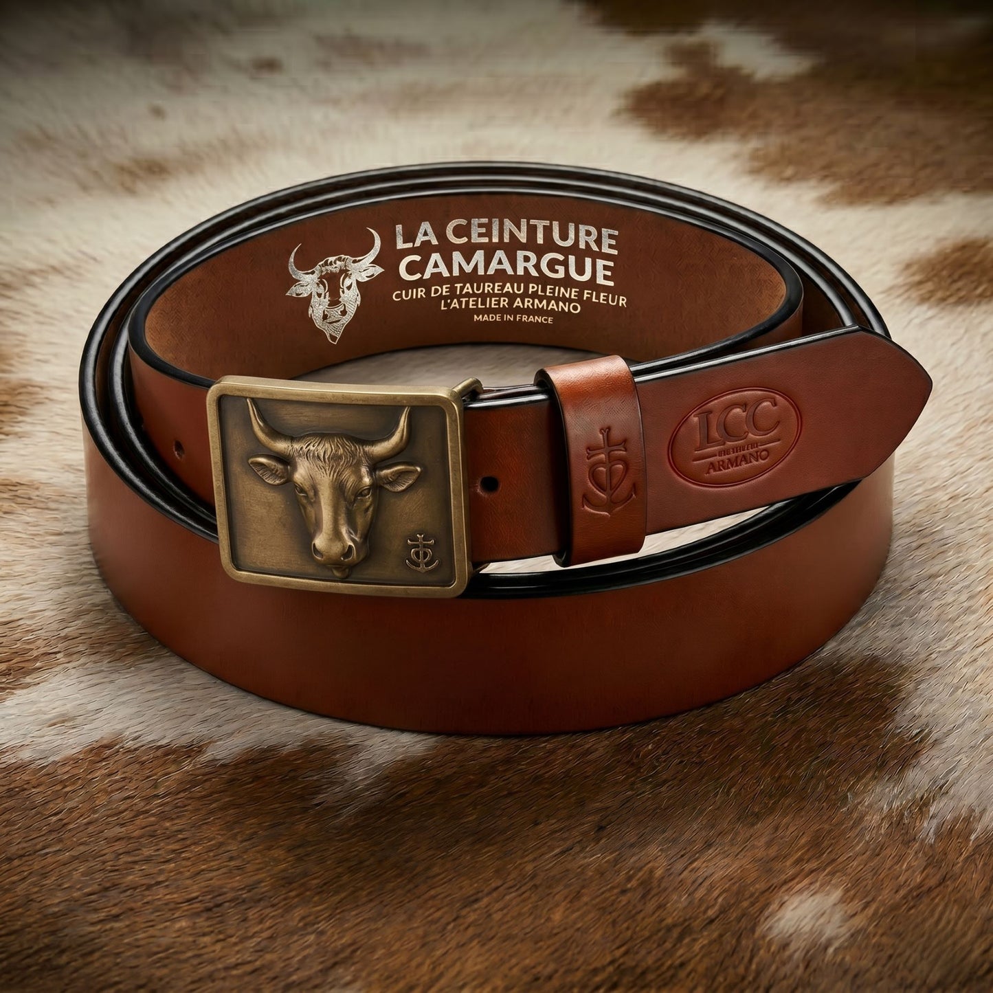 Ceinture Cuir Cognac Homme & Femme - Boucle Empreinte Bronze | La Ceinture Camargue