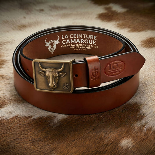 Ceinture Cuir Cognac Homme & Femme - Boucle Empreinte Bronze | La Ceinture Camargue