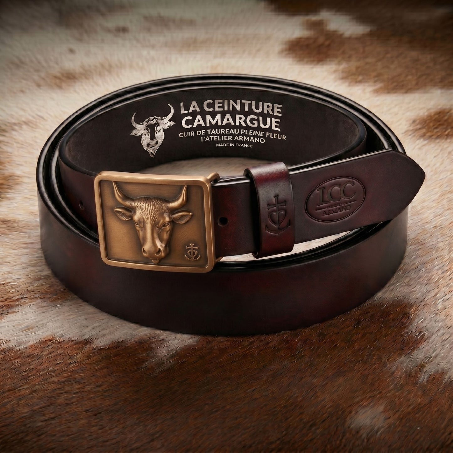 Ceinture Cuir Cognac Patiné Homme & Femme - Boucle Empreinte Bronze | La Ceinture Camargue