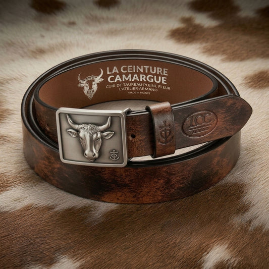 Ceinture Cuir Fauve Patiné Homme & Femme - Boucle Empreinte Argent | La Ceinture Camargue