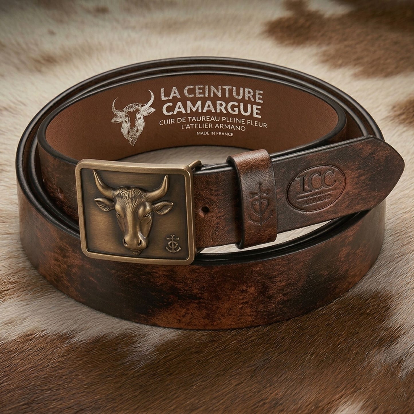 Ceinture Cuir Fauve Patiné Homme & Femme - Boucle Empreinte Bronze | La Ceinture Camargue