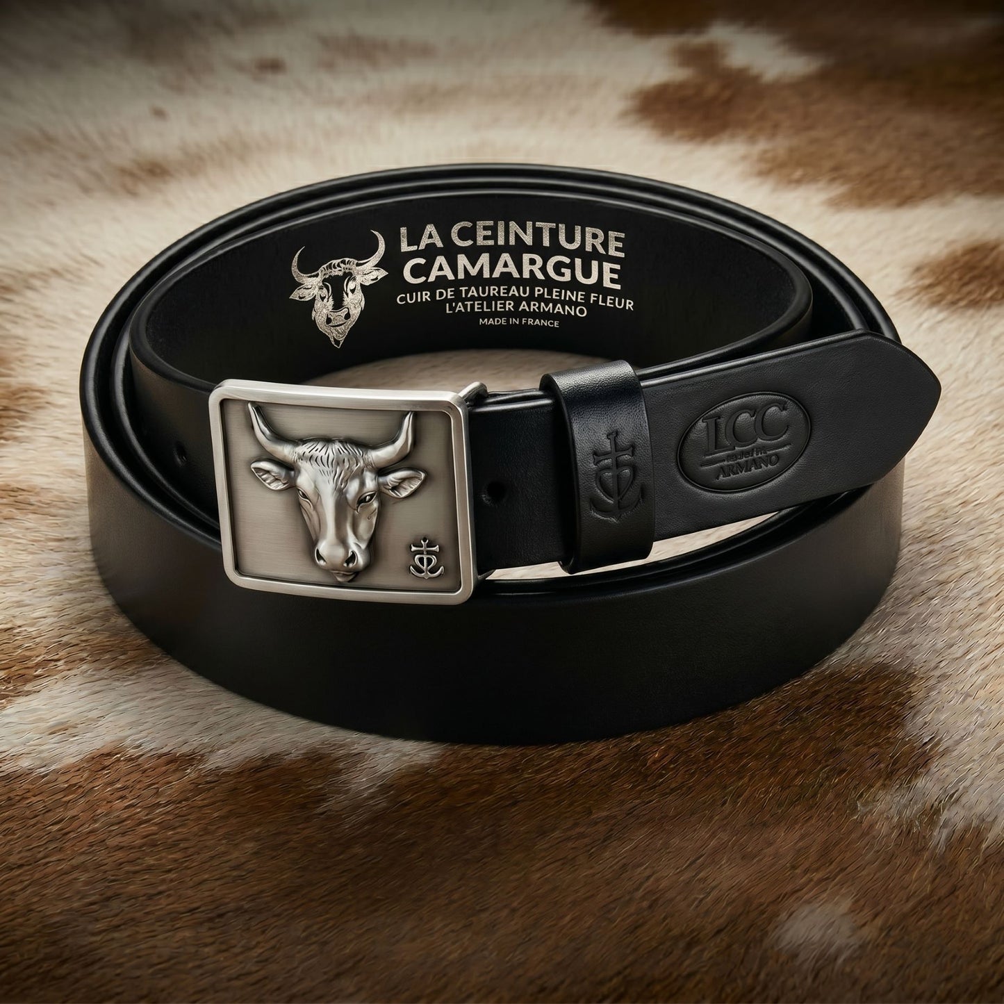 Ceinture Cuir Noir Homme & Femme - Boucle Empreinte Argent | La Ceinture Camargue