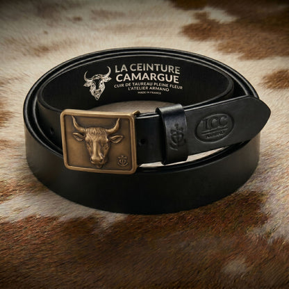 Ceinture Cuir Noir Homme & Femme - Boucle Empreinte Bronze | La Ceinture Camargue